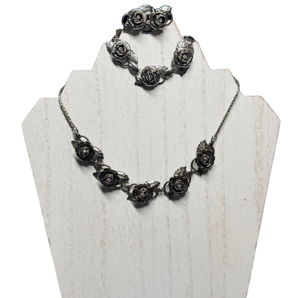 Vintage Unsigned Coro Silver Cabbage Rose Necklace Bracelet Earrings SET 1950's